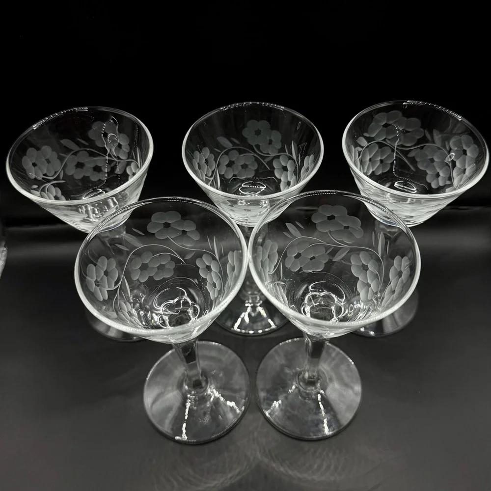 Vintage Libbey Embassy Gray Cut Floral Stemmed Glasses Sherbet/Champagne Set (5)